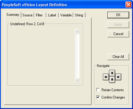 PeopleSoft nVision Layout Definition dialog box: Summary tab