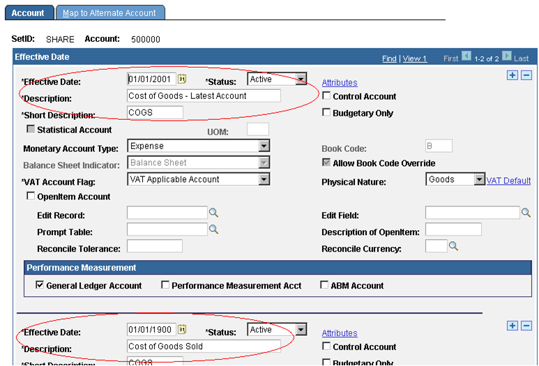 Multiple effective-dated account details with different descriptions