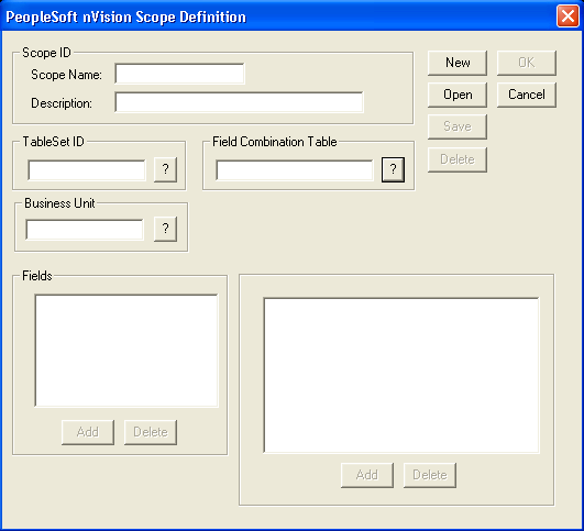PeopleSoft nVision Scope Definition dialog box