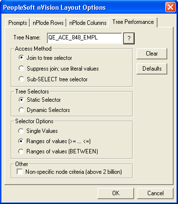 PeopleSoft nVision Layout Options dialog box: Tree Performance tab