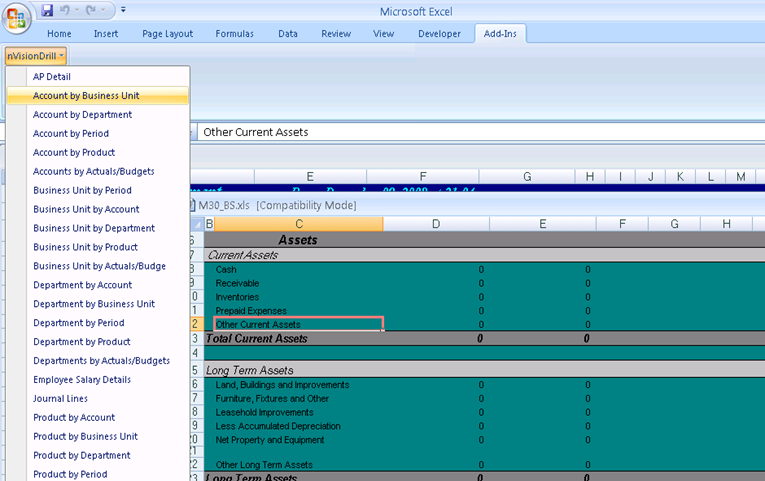 nVision drilldown report opened in Microsoft Excel
