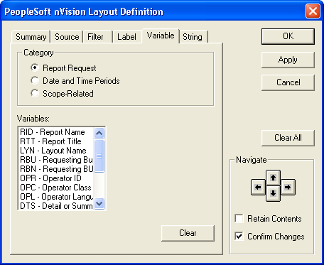 PeopleSoft nVision Layout Definition dialog box: Variable tab
