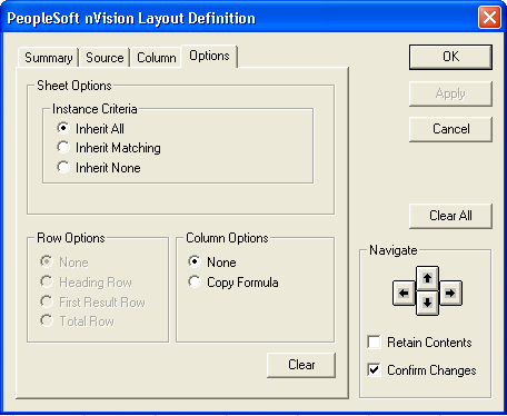 PeopleSoft nVision Layout Definition dialog box: Options tab