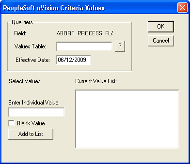 PeopleSoft nVision Criteria Values dialog box