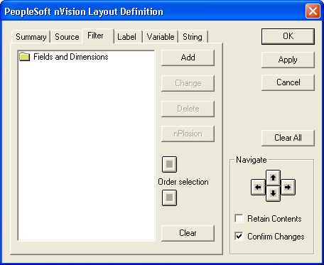 PeopleSoft nVision Layout Definition - Filter dialog box