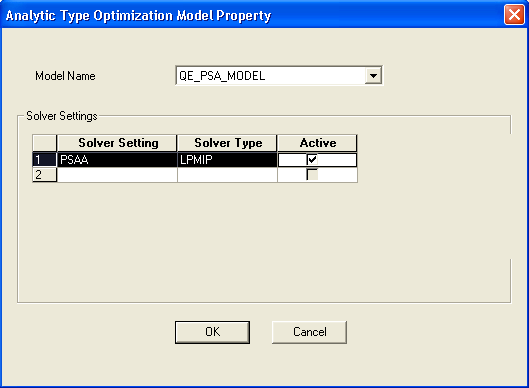 Analytic Type Optimization Model Property dialog box