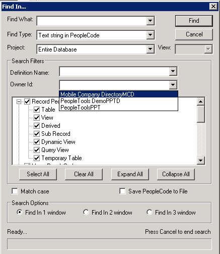 Example of the Find In dialog box showing options for Owner ID