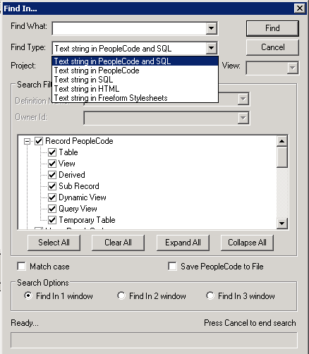 Example of the Find In dialog box showing options for Find Type