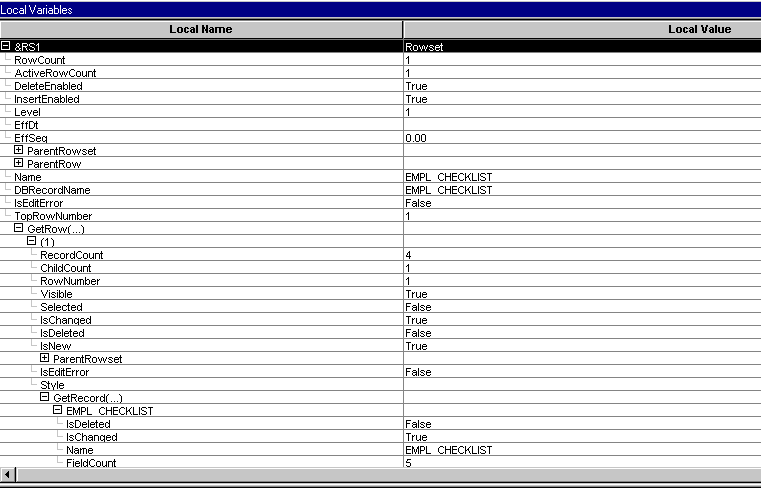 Variable pane with rowset, row, and record expanded (shown with condensed font)