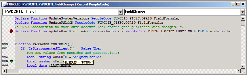 PeopleCode debugger with breakpoint, current line of execution, and hover inspect