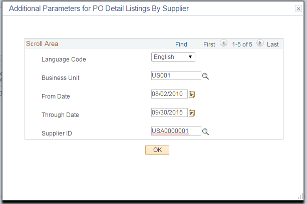 Additional Parameters for PO Detail Listings By Supplier dialog box
