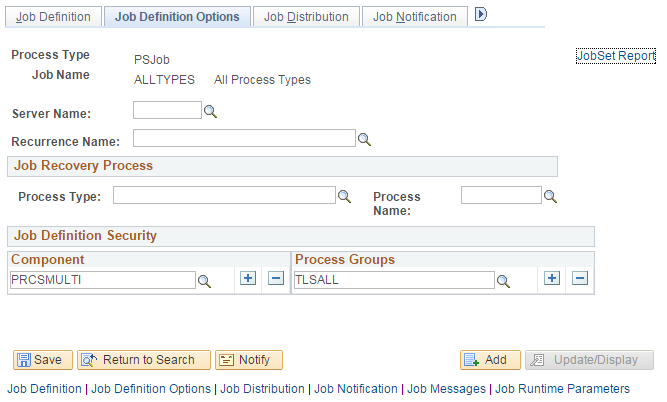 Job Definition Options page