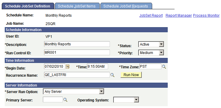 Schedule JobSet Definition page
