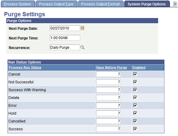 System Purge Setting page