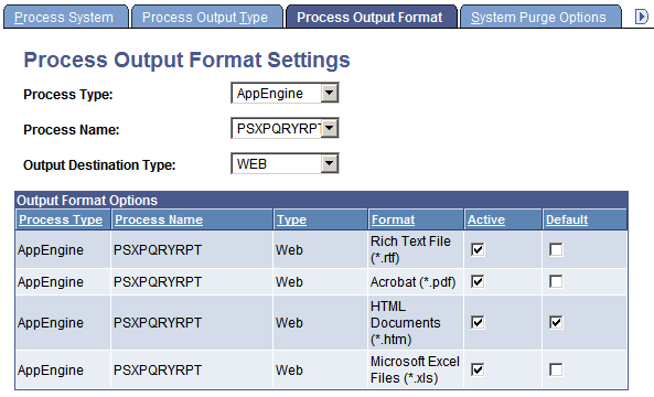 Process Output Format Settings page