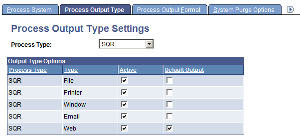 Process Output Type Settings page