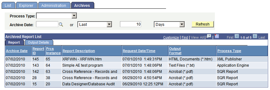 Report Manager - Archives page