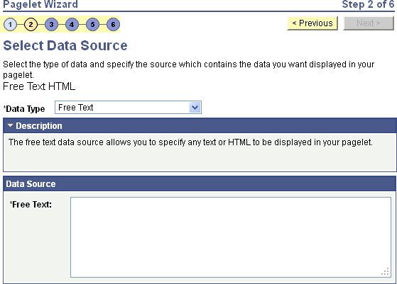 Select Data Source page (Free Text data source)