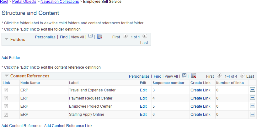 Structure and Content page for the Employee Self Service custom tabs navigation collection