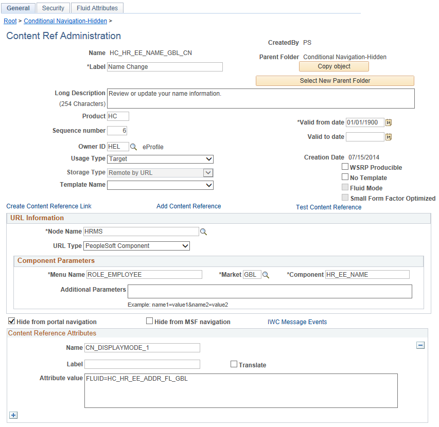 Content Ref Administration page showing configuration details in Content Reference Attributes section