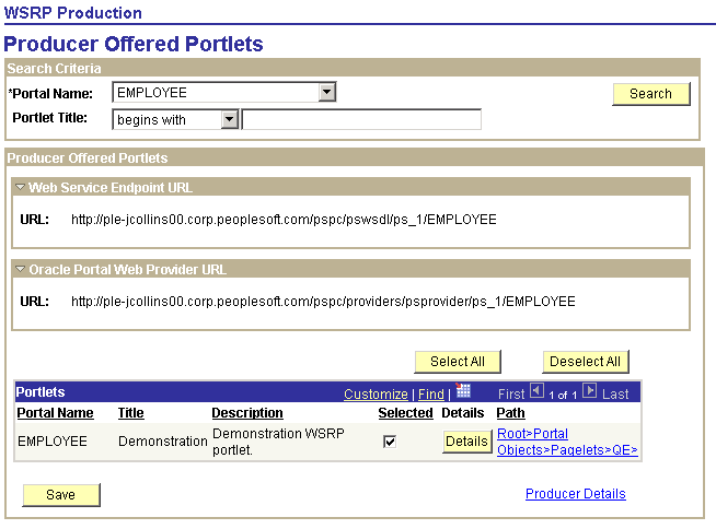 Producer Offered Portlets page