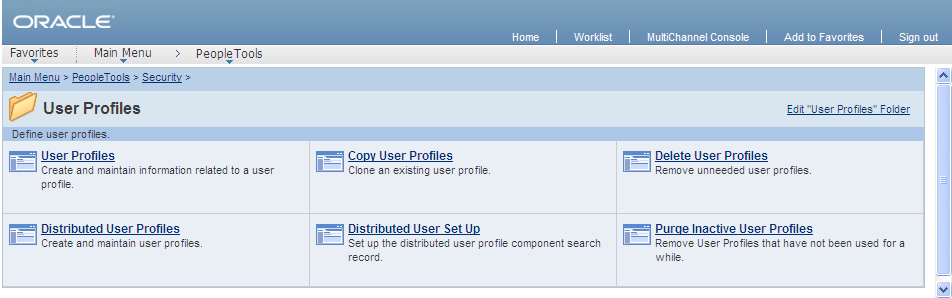 Standard navigation page for the User Profiles folder