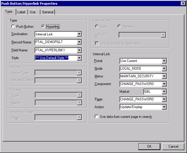 Push Button/Hyperlink Properties dialog box: Type tab showing Internal Link properties