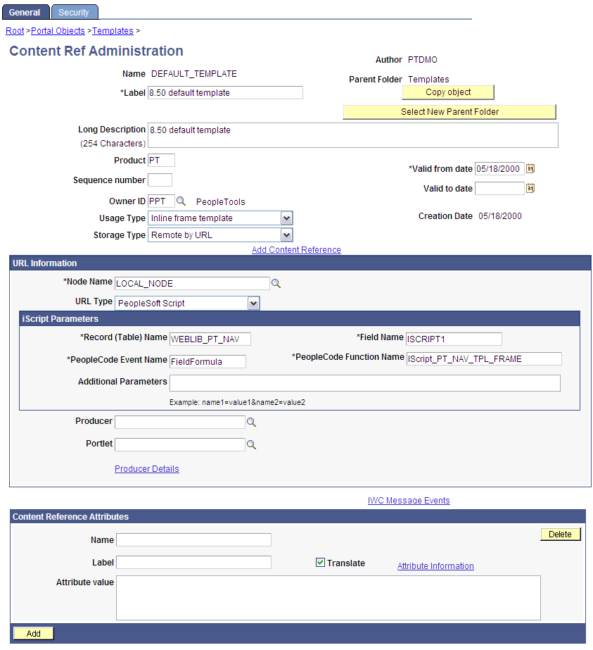 Defining an iframe-based dynamic template on the Content Ref Administration page