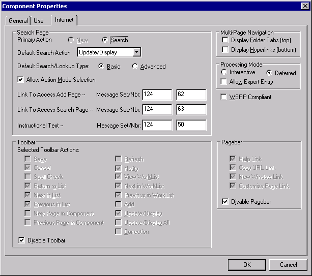 Component Properties dialog box: Internet tab settings for a component used as a component-based template pagelet