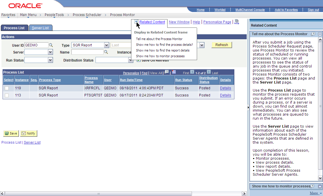 Example UPK topic as related content on the Process Monitor page