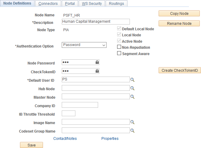 Node Definitions page showing a default local node