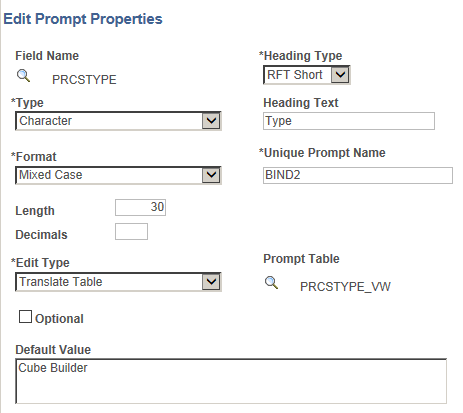 Edit Prompt Properties page, Default Value