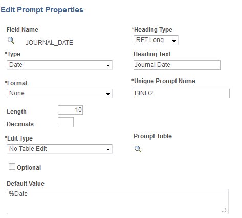 Edit Prompt Properties page with the Default Value field set to %Date