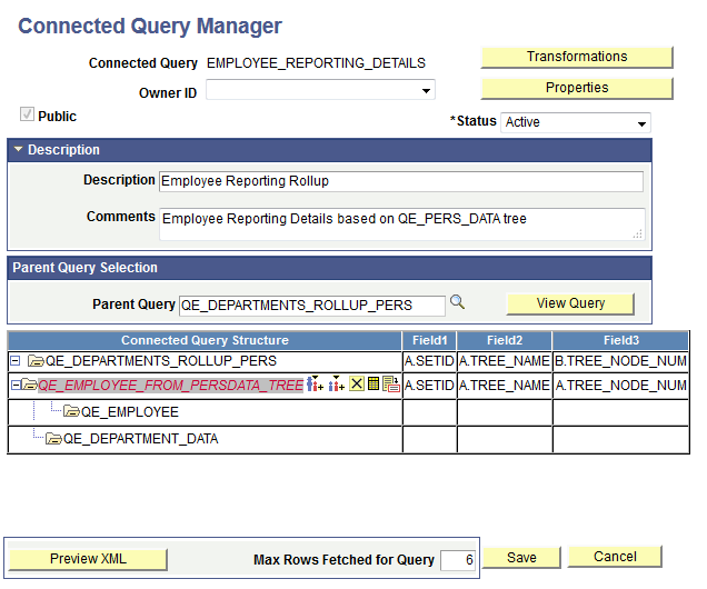 Connected Query Manager page