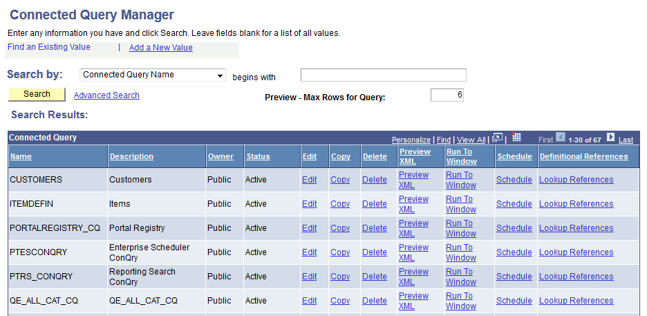 Connected Query Manager search page