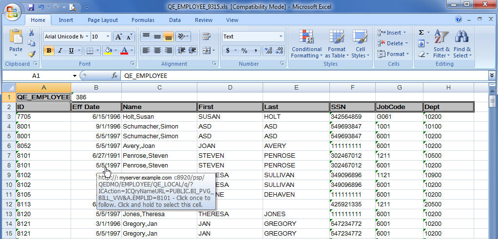 Example of query results as links in Microsoft Excel