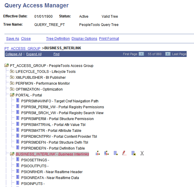 Query Access Manager page - example of a query access group tree