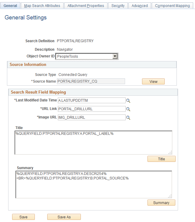 Search Definition - General Settings page