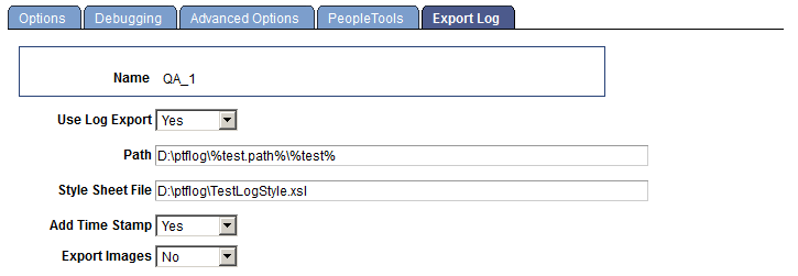 Define Execution Options - Export Log page