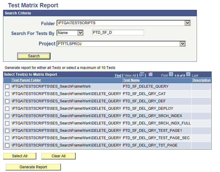 Create Test Matrix Report page