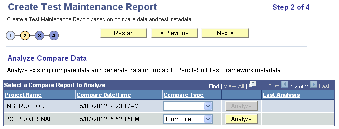 Create Test Maintenance Report Wizard: Step 2 of 4