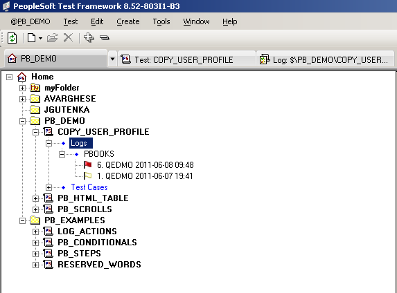 Example of PTF Explorer showing log entries in the Logs folder