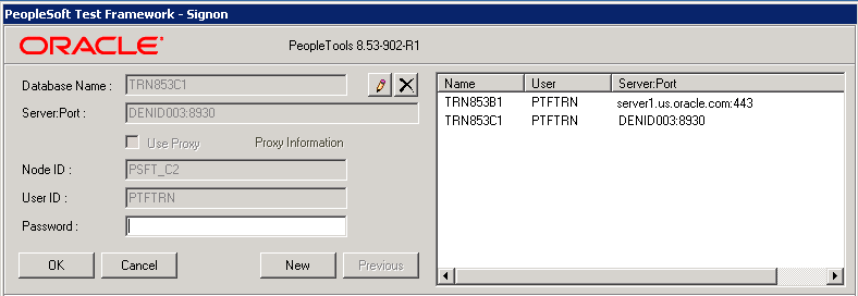 Example of PeopleSoft Test Framework - Signon dialog box showing previously used test environments