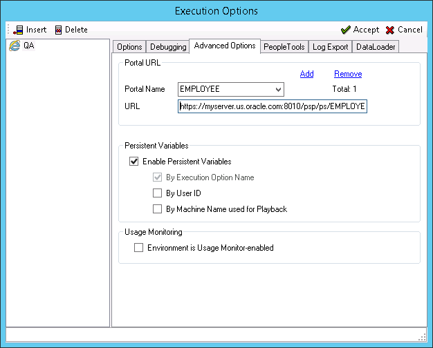 Execution Options dialog box-Advance Options tab