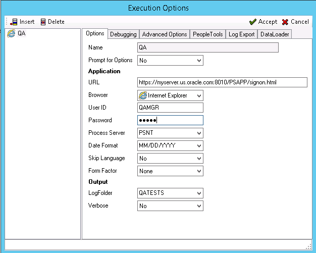 Execution Options dialog box-Options tab