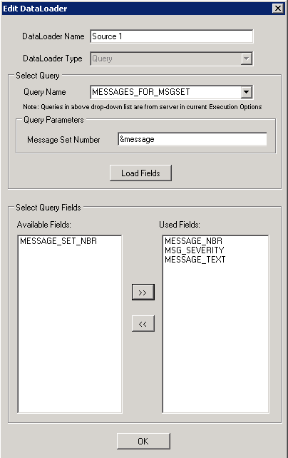 Edit DataLoader dialog box showing Query Parameters and Select Query sections