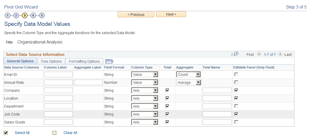 Specify Data Model Values page, Organizational Analysis