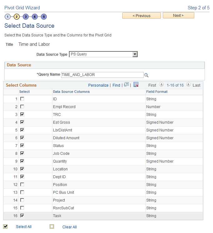 Select Data Source page, Time and Labor model