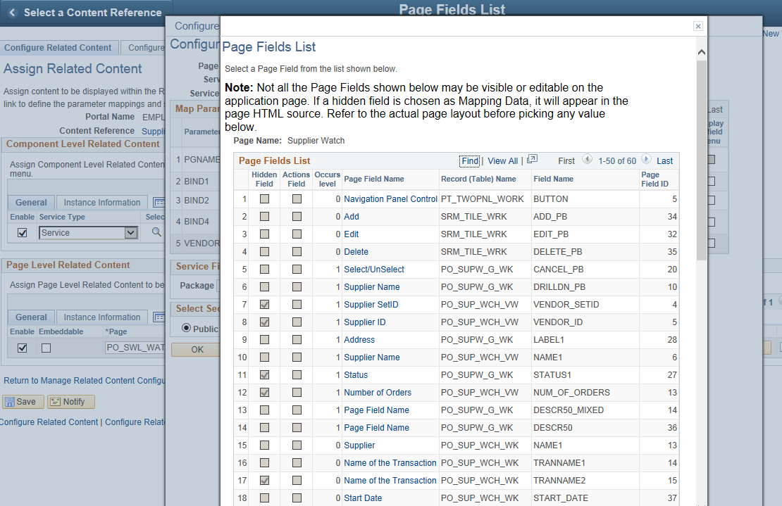 Page Fields List page