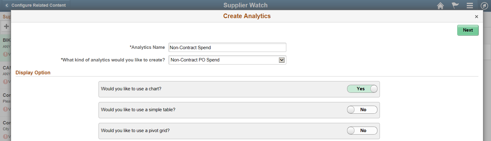 Create Analytics wizard - step 1